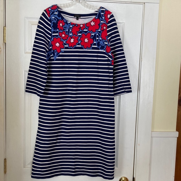 Talbots Dresses & Skirts - Talbots Navy & White Striped with Floral Neckline Dress